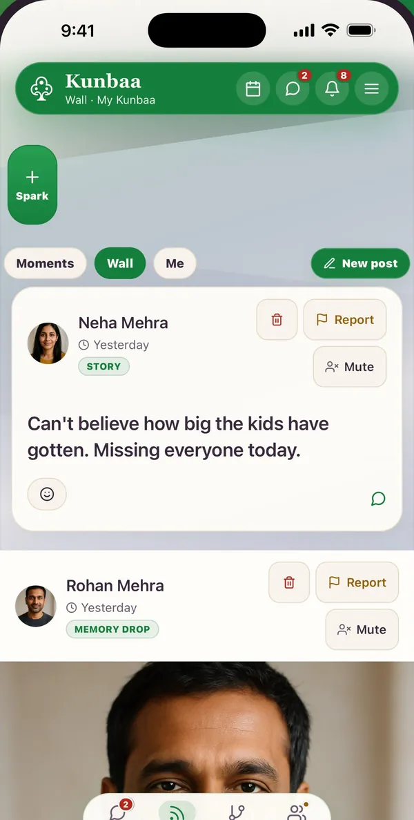 The family wall in the Kunbaa app (test family): a story post from Neha Mehra and a memory-drop photo post from Rohan Mehra